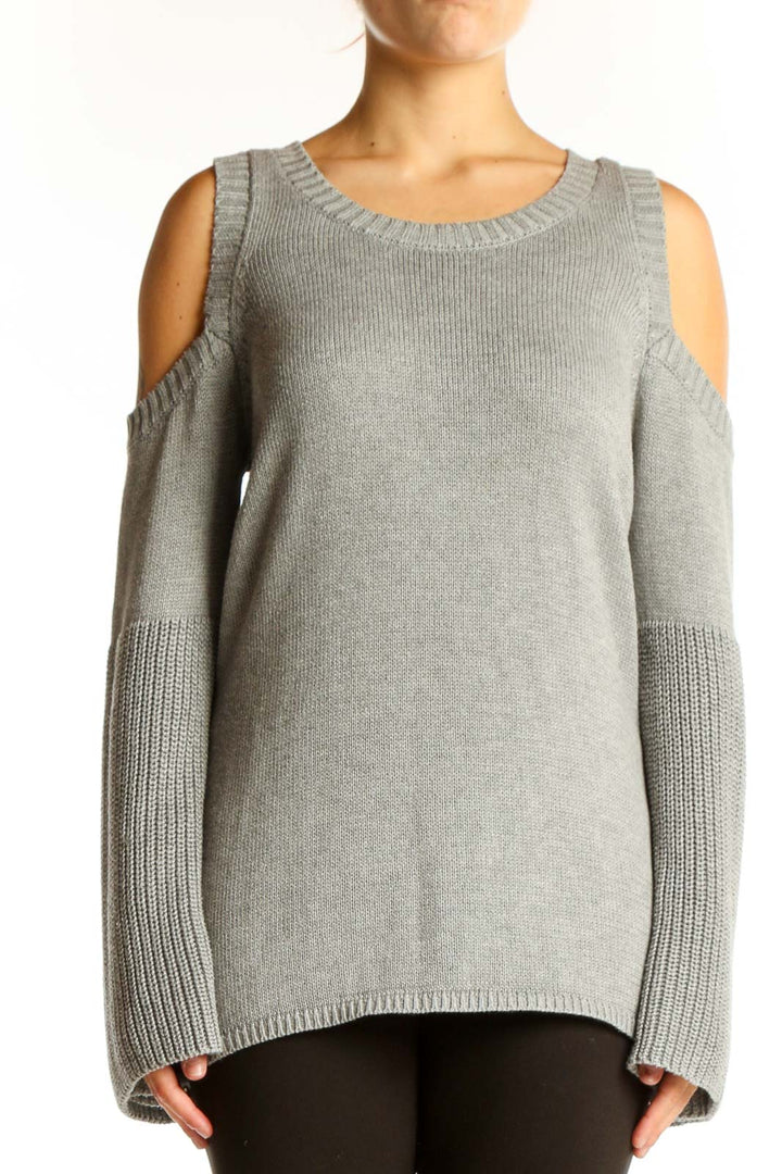 Front view of gray cold shoulder knit sweater with bell sleeves