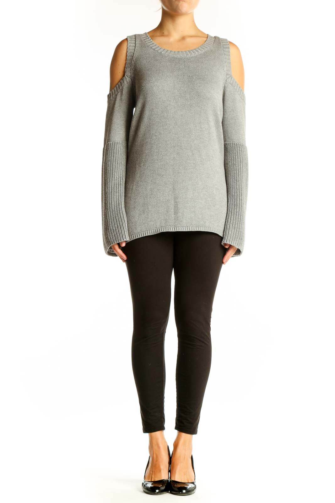 Front view of gray cold shoulder knit sweater with bell sleeves