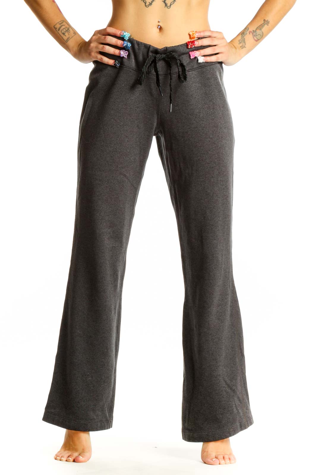 Front view of gray The North Face polyester lounge pants with drawstring waist