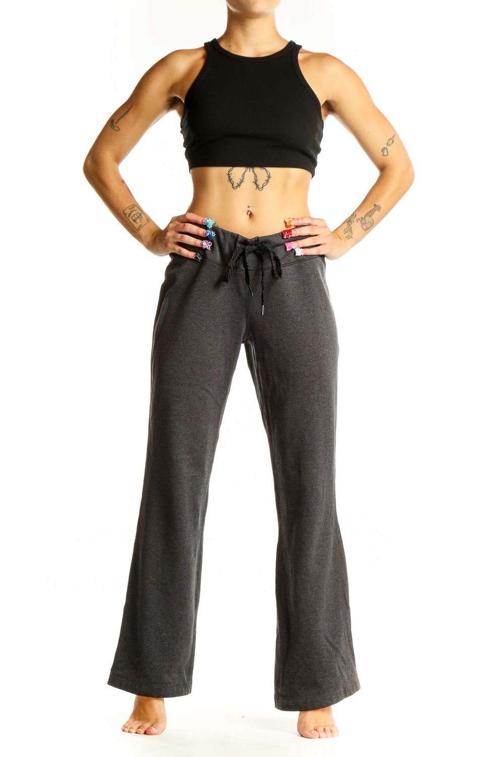 Front view of gray The North Face polyester lounge pants with drawstring waist