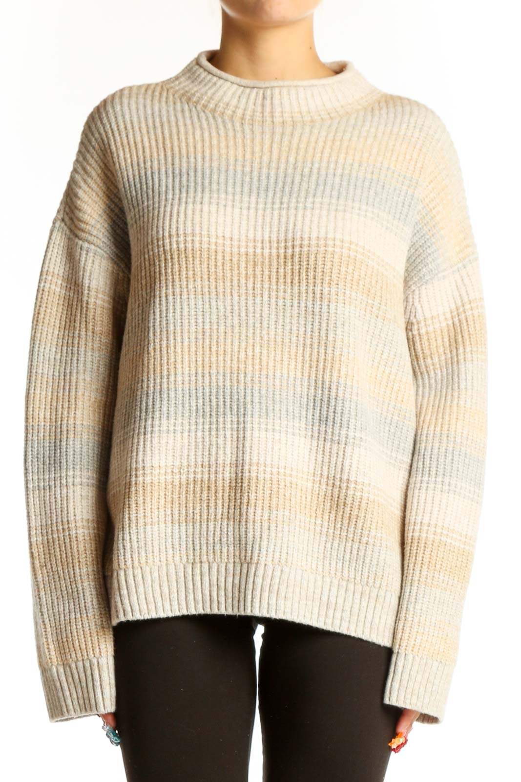 Front view of Gap beige striped oversized knit sweater with ribbed texture