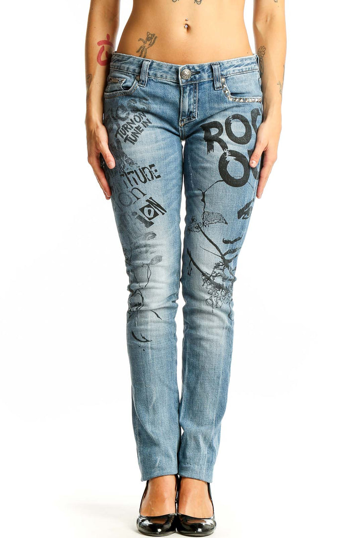 Front view of ReRock for Express light blue jeans with graffiti-style print