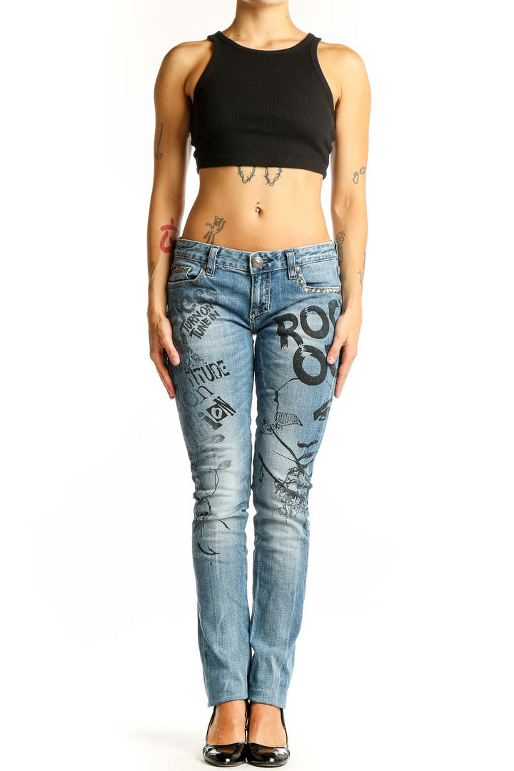 Front view of ReRock for Express light blue jeans with graffiti-style print