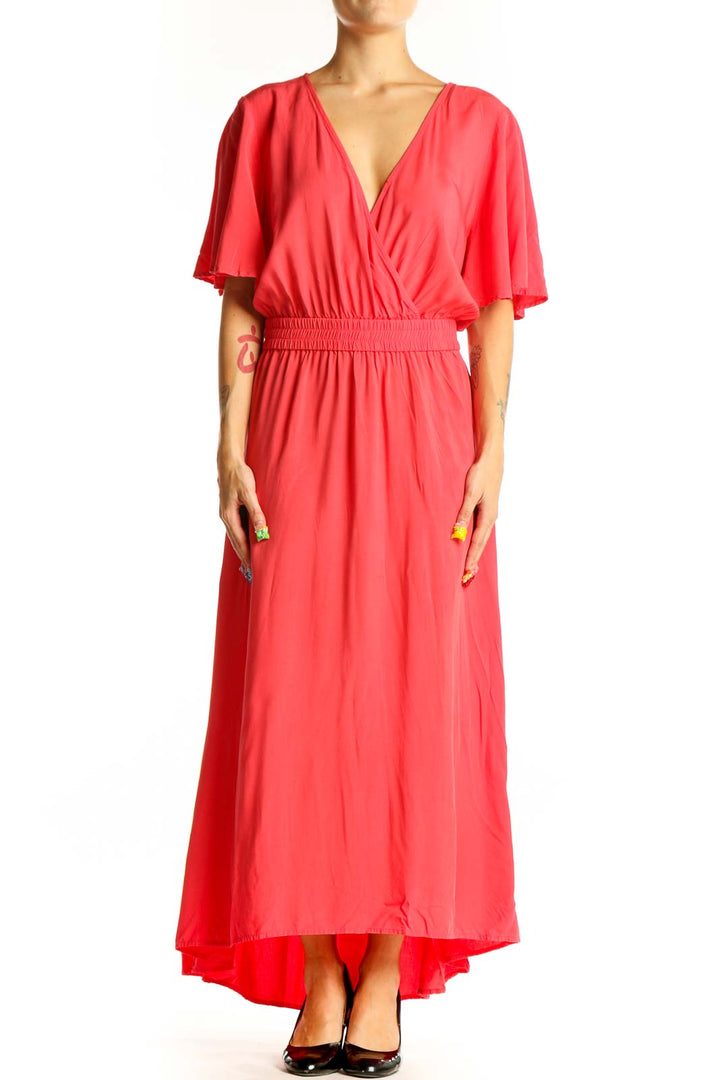 Front view of coral Tommy Bahama maxi dress with wrap-style bodice and flutter sleeves
