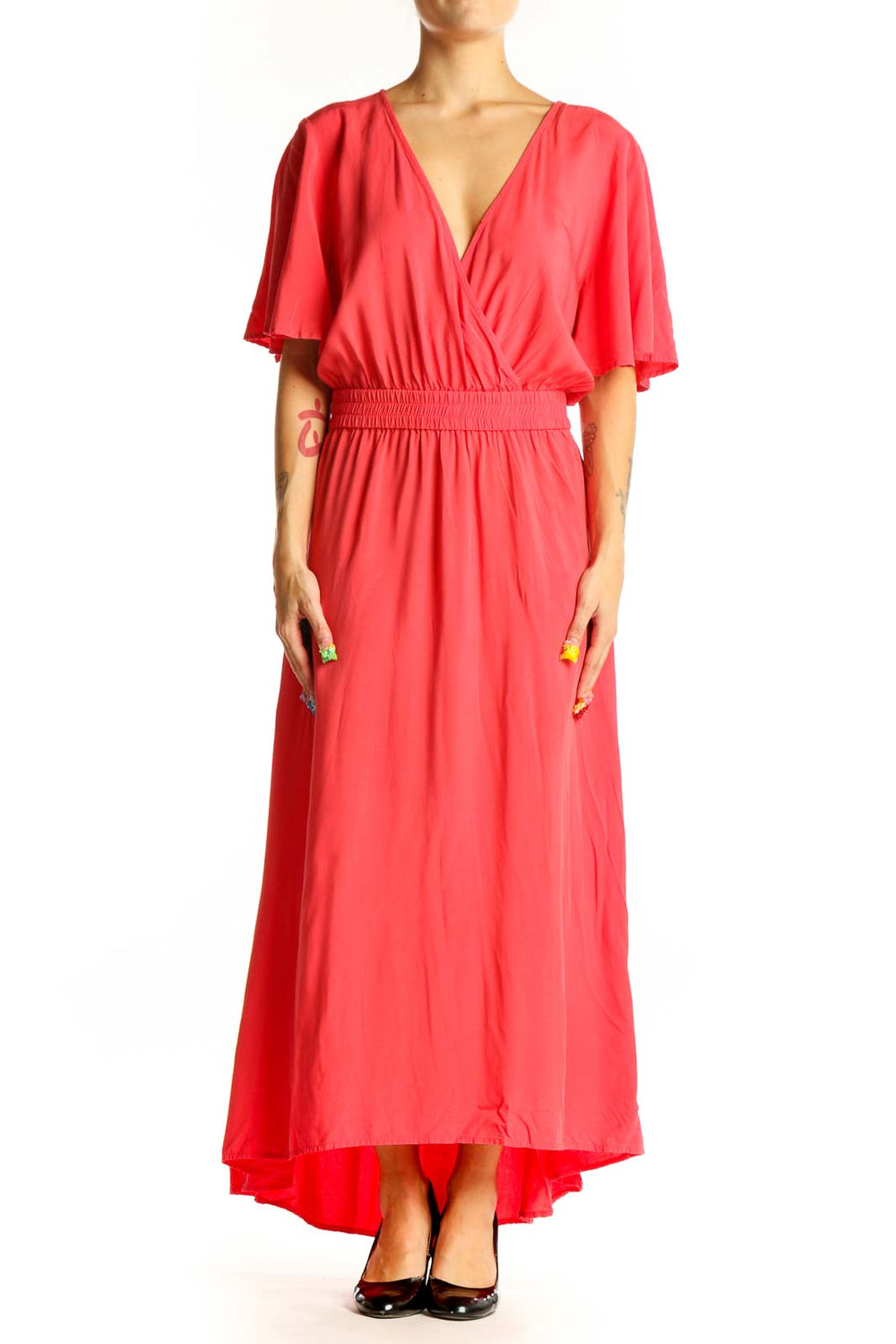 Front view of coral Tommy Bahama maxi dress with wrap-style bodice and flutter sleeves
