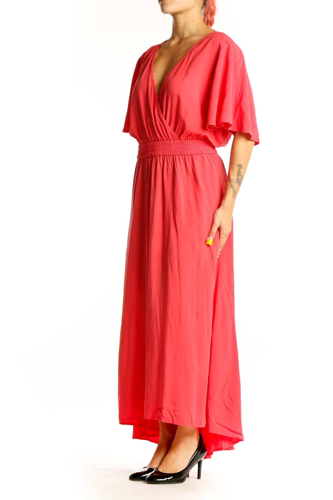 Front view of coral Tommy Bahama maxi dress with wrap-style bodice and flutter sleeves