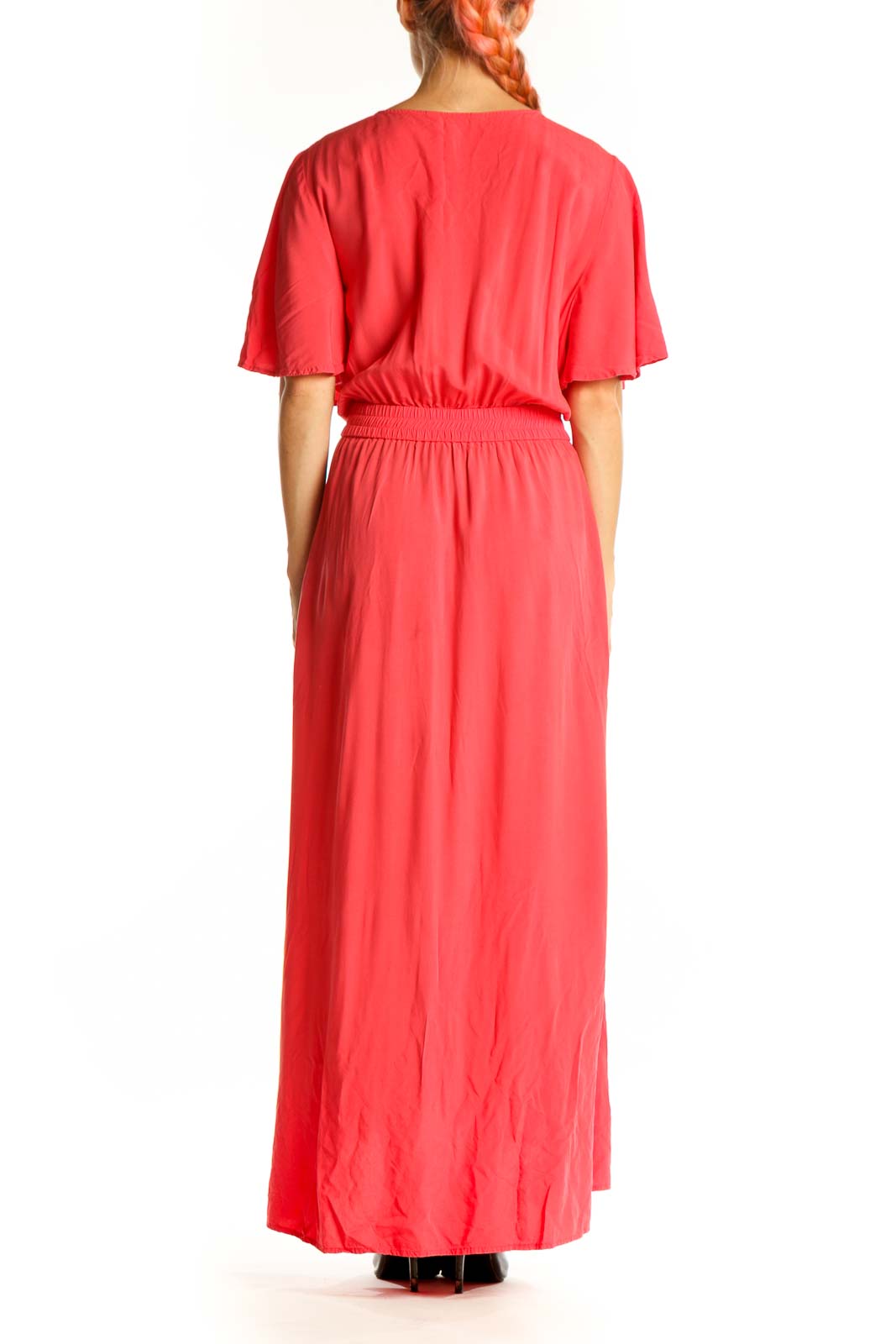 Back view of coral Tommy Bahama maxi dress showing high-low hemline
