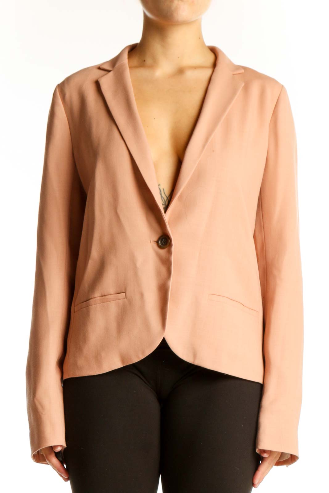 Front view of peach J.Crew single-button blazer