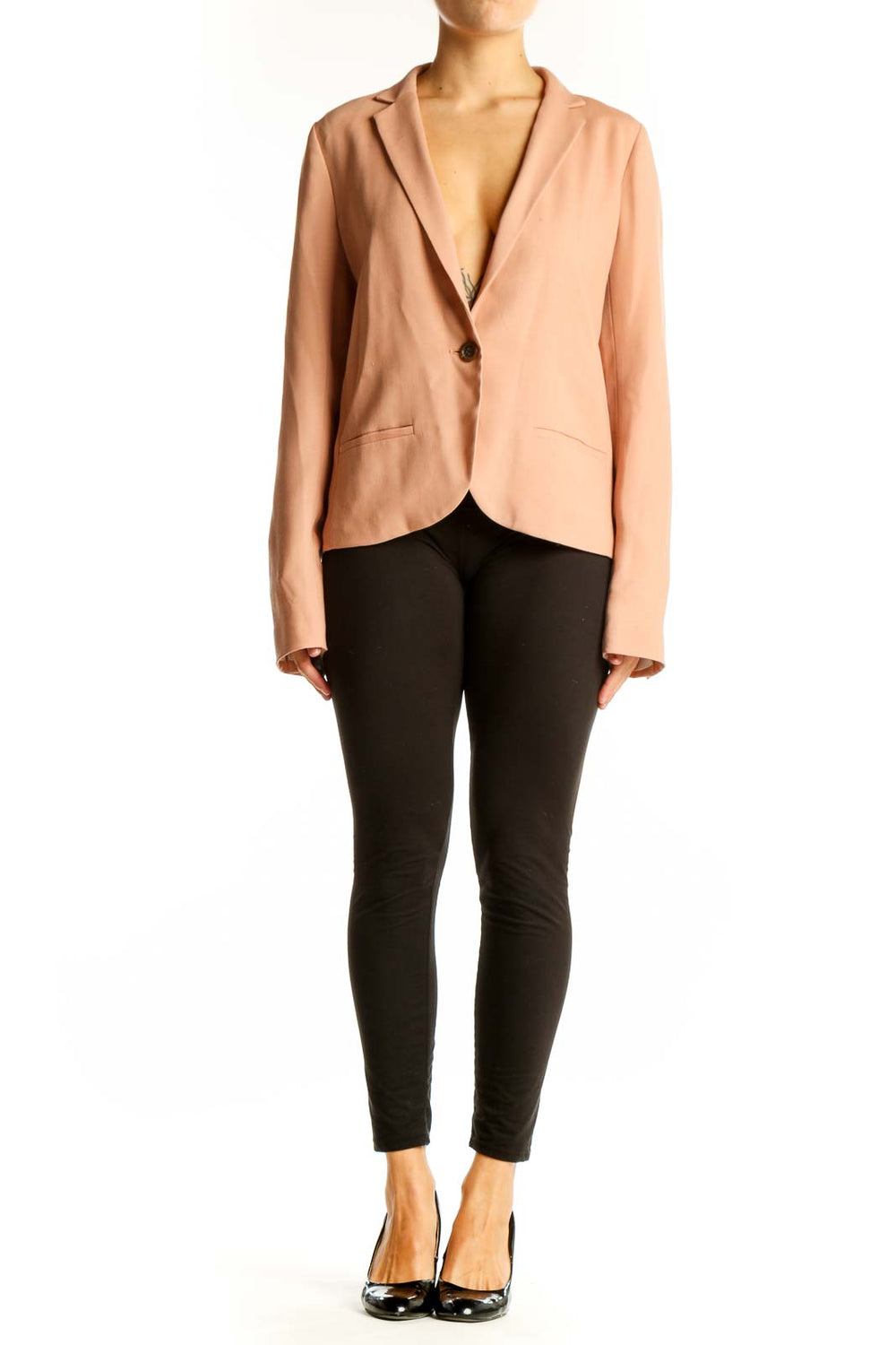 Front view of peach J.Crew single-button blazer