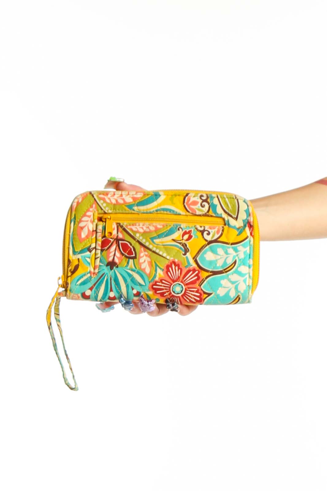 Front view of Vera Bradley Yellow Floral Print Wristlet Clutch with vibrant pattern