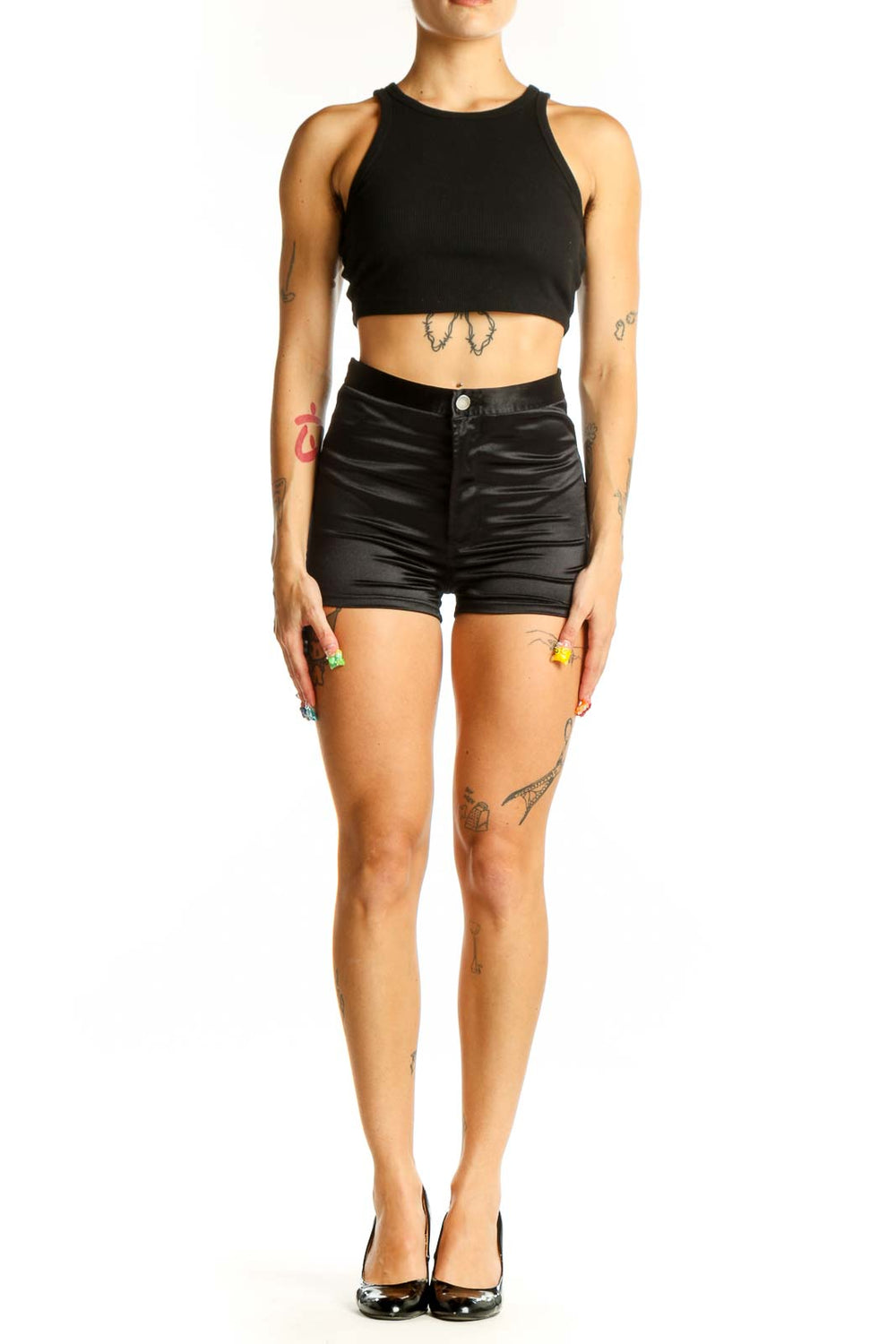 Front view of black satin high-waisted shorts from SilkRoll