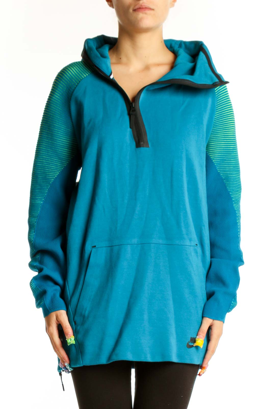 Front view of teal Nike hooded athletic jacket with ribbed sleeves