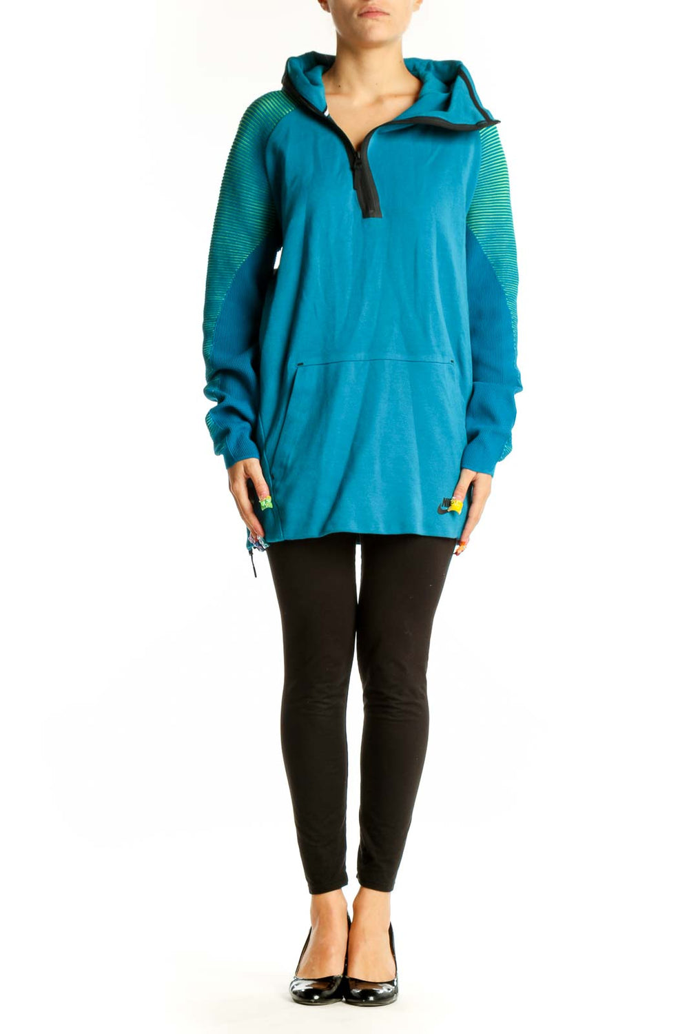 Front view of teal Nike hooded athletic jacket with ribbed sleeves