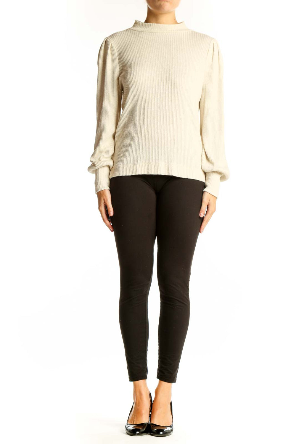 Front view of LOFT cream ribbed mock neck sweater with puff sleeves