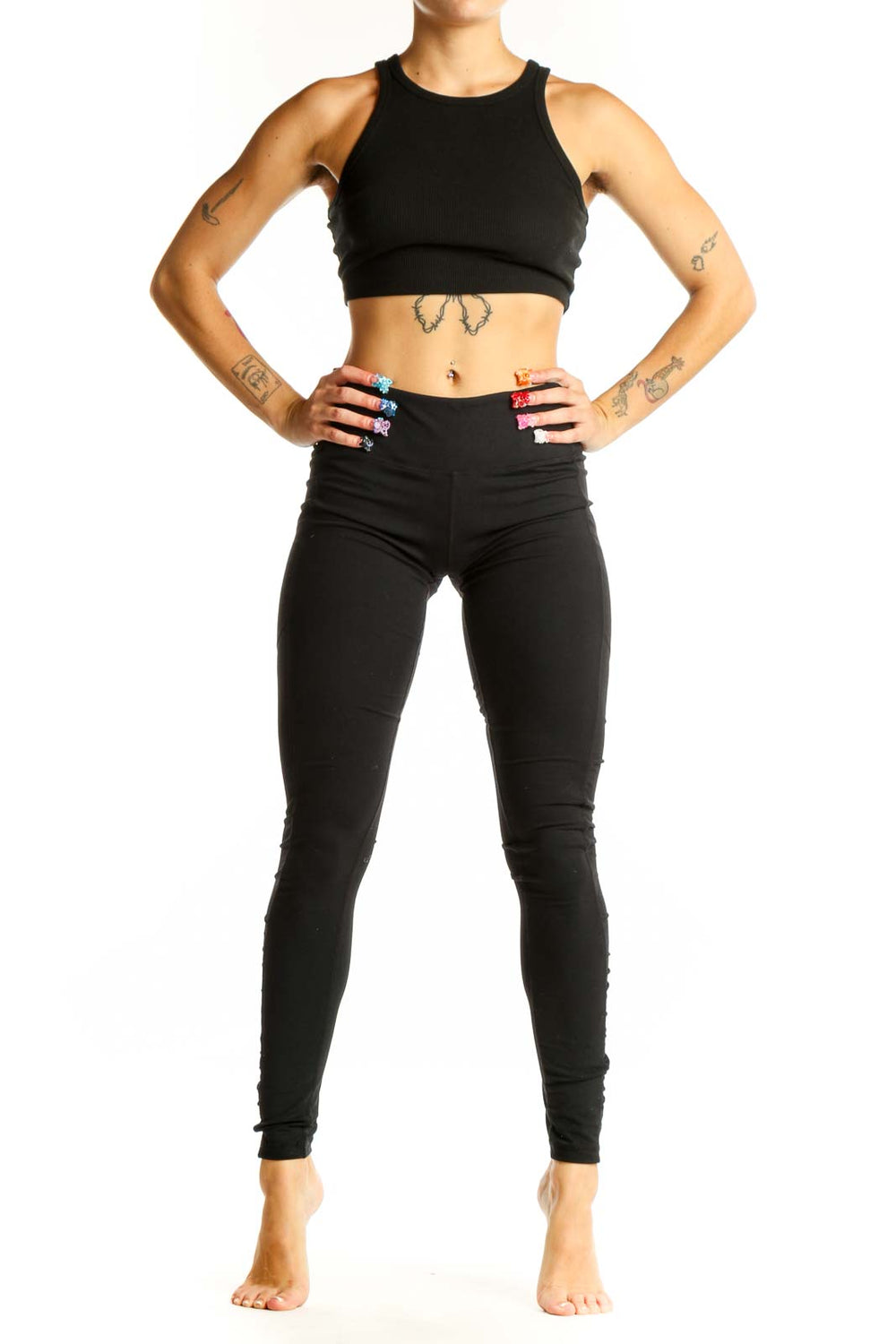 Front view of black Lululemon high-waisted performance leggings