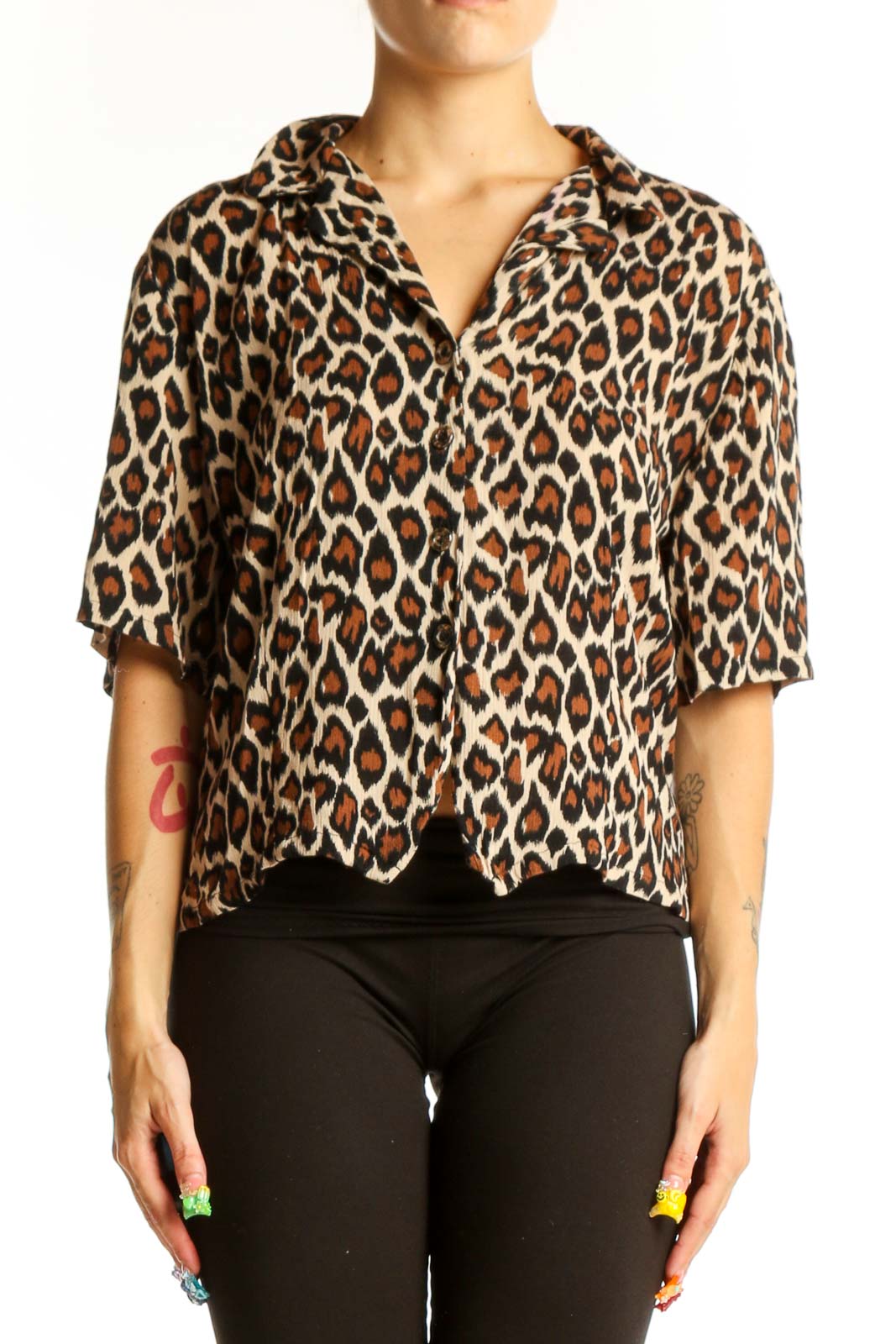 Front view of Croft & Barrow leopard print short-sleeve blouse