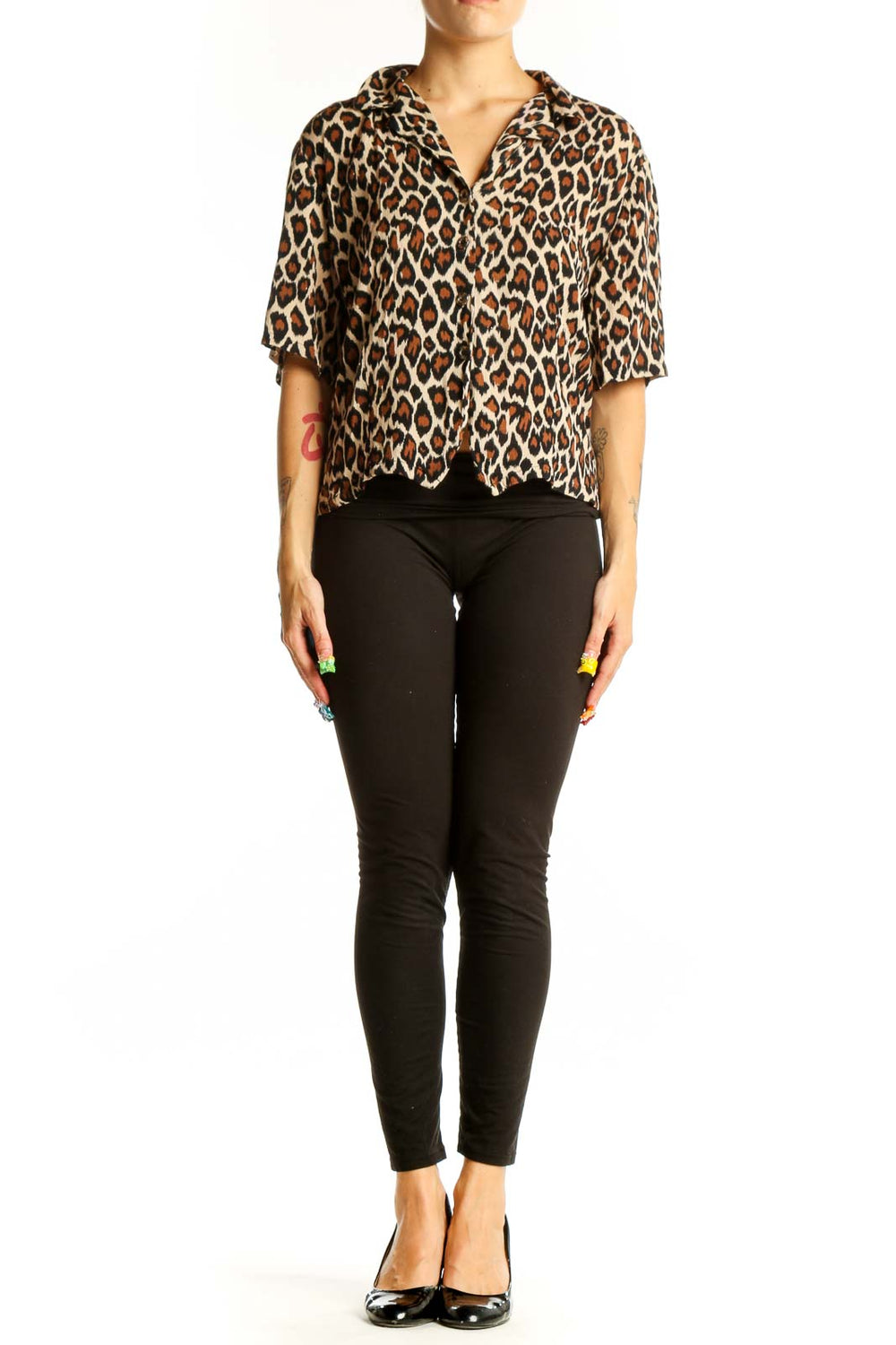 Front view of Croft & Barrow leopard print short-sleeve blouse