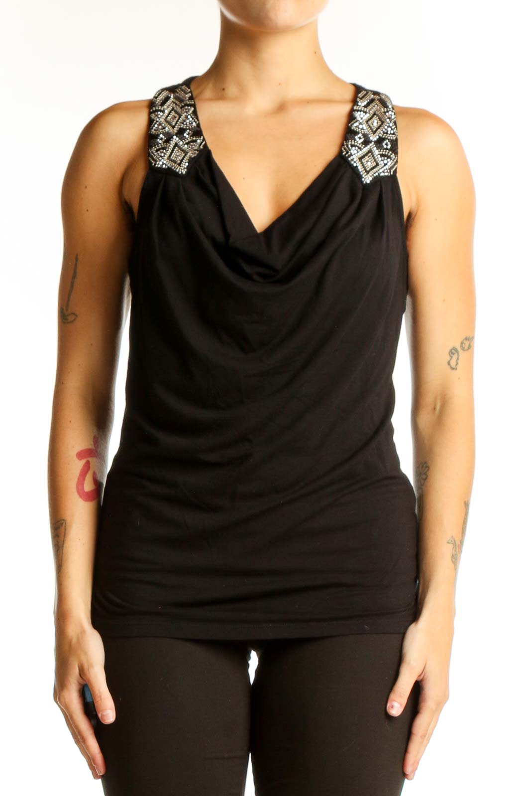 Front view of Black Embellished Cowl Neck Sleeveless Top from White House Black Market