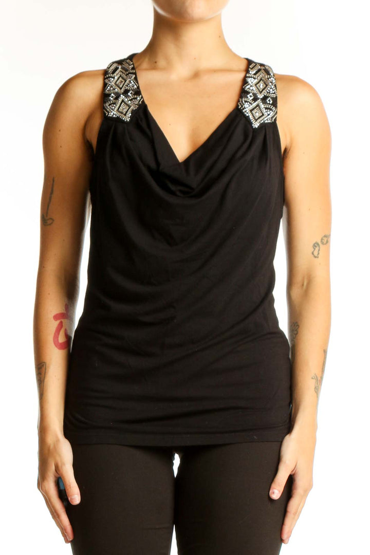 Front view of Black Embellished Cowl Neck Sleeveless Top from White House Black Market