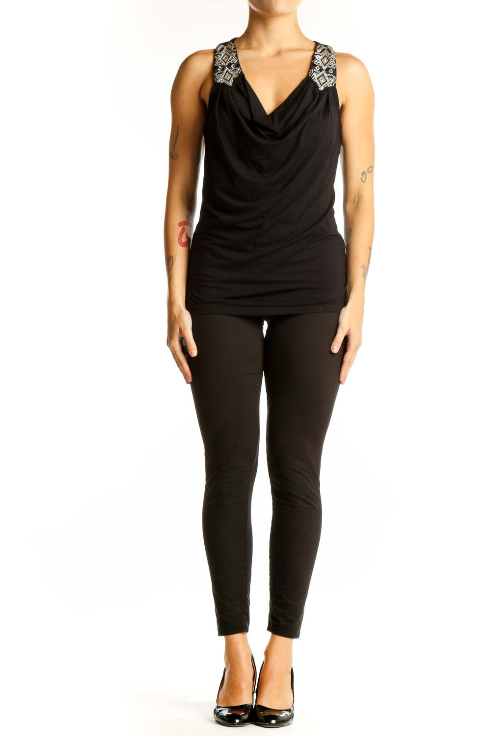 Front view of Black Embellished Cowl Neck Sleeveless Top from White House Black Market