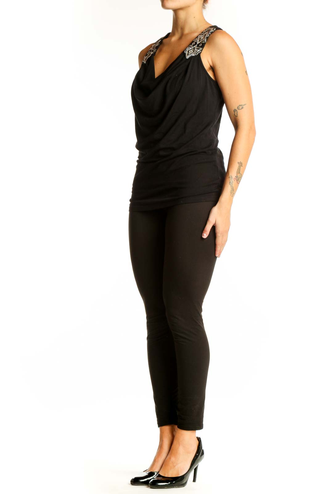 Front view of Black Embellished Cowl Neck Sleeveless Top from White House Black Market