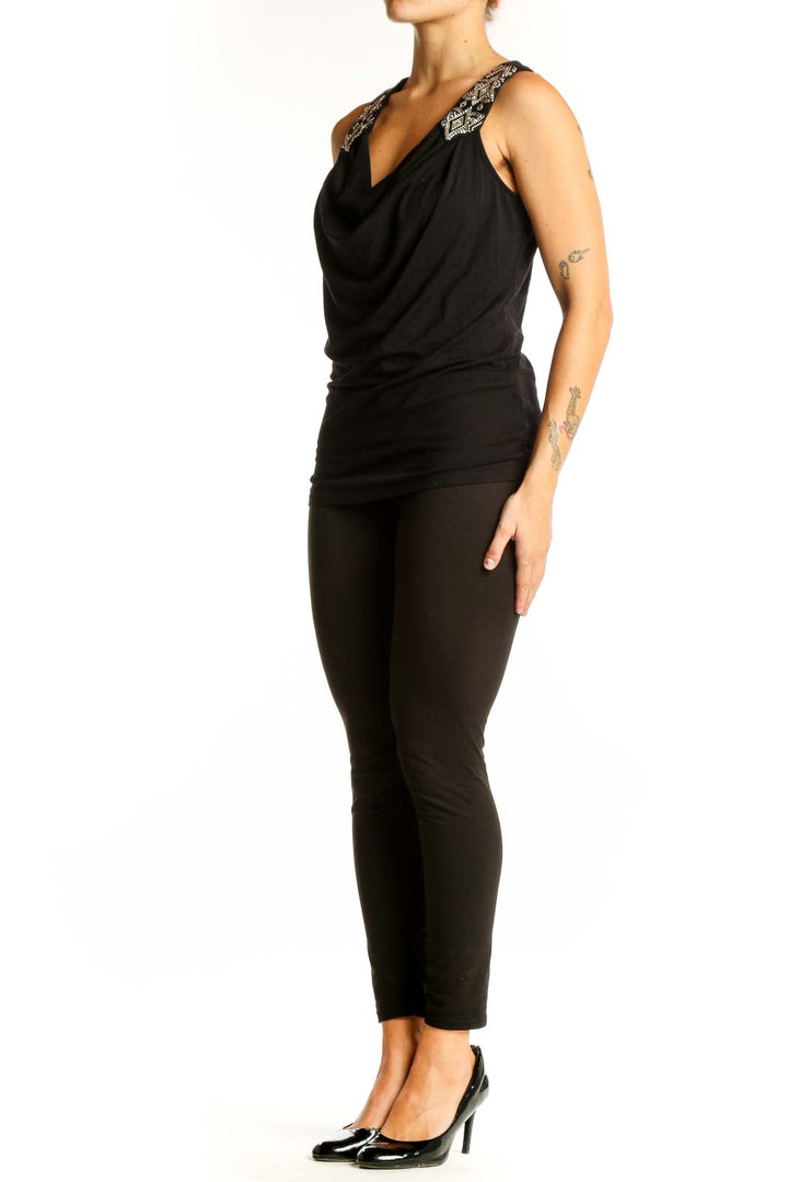 Front view of Black Embellished Cowl Neck Sleeveless Top from White House Black Market