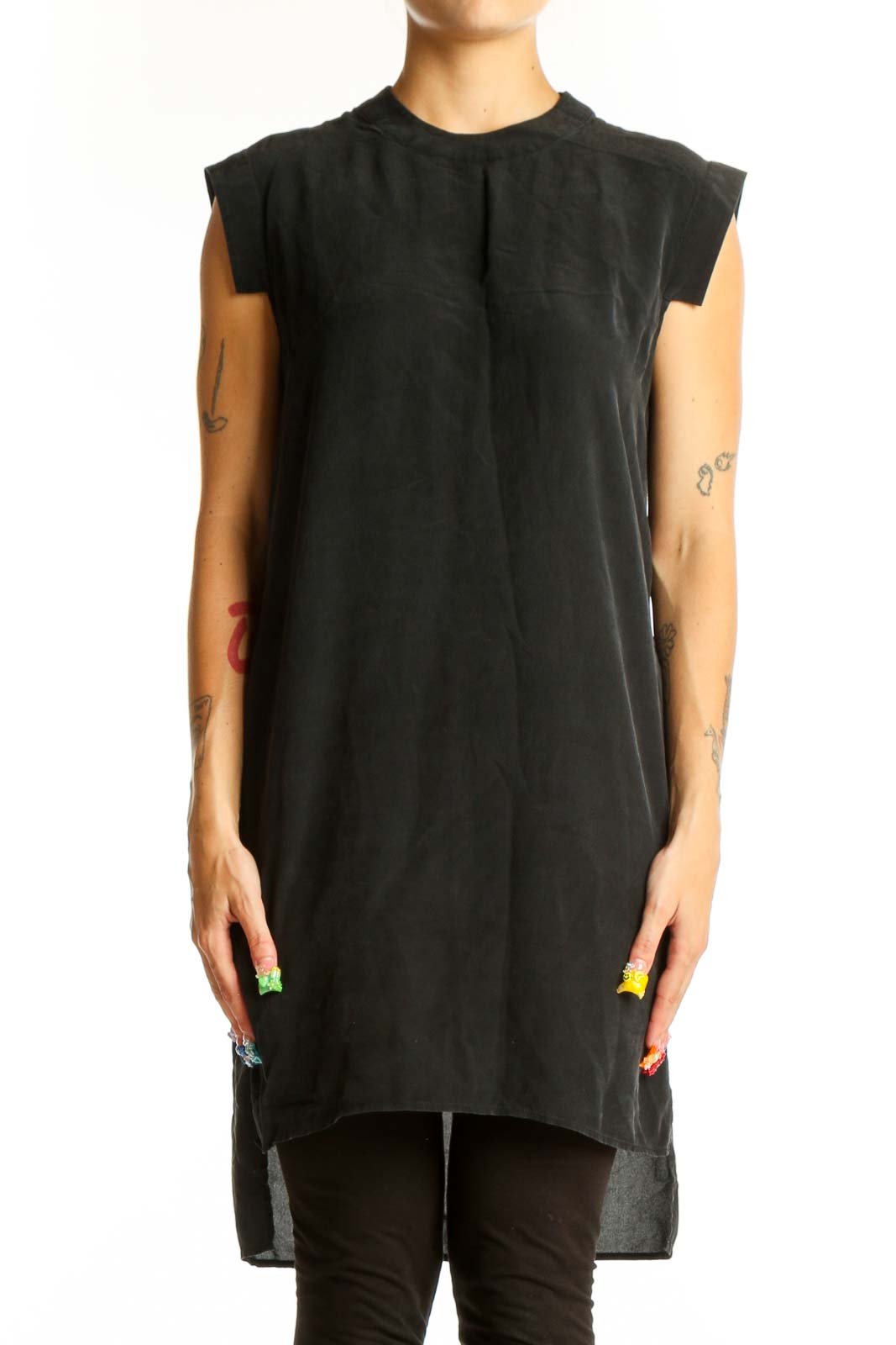 Front view of All Saints black silk sleeveless tunic with high neckline