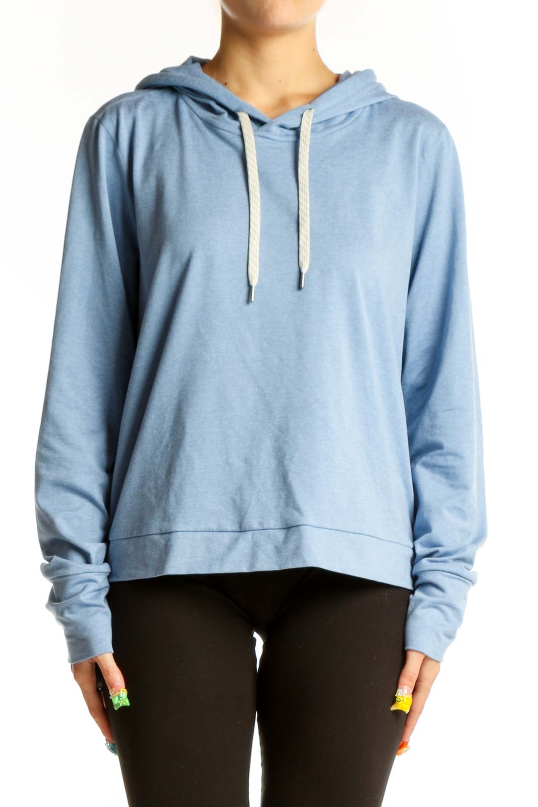 Front view of light blue Vuori recycled polyester hoodie