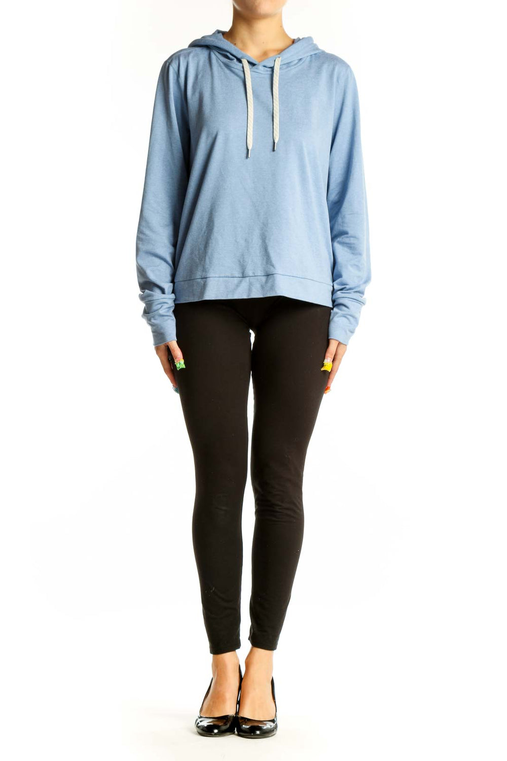 Front view of light blue Vuori recycled polyester hoodie