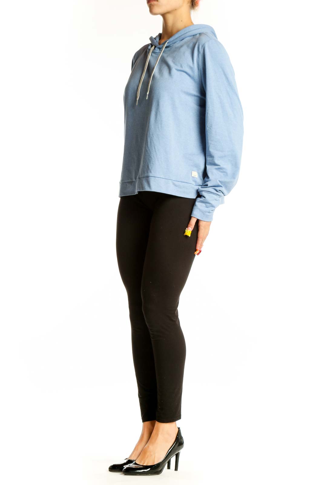 Front view of light blue Vuori recycled polyester hoodie