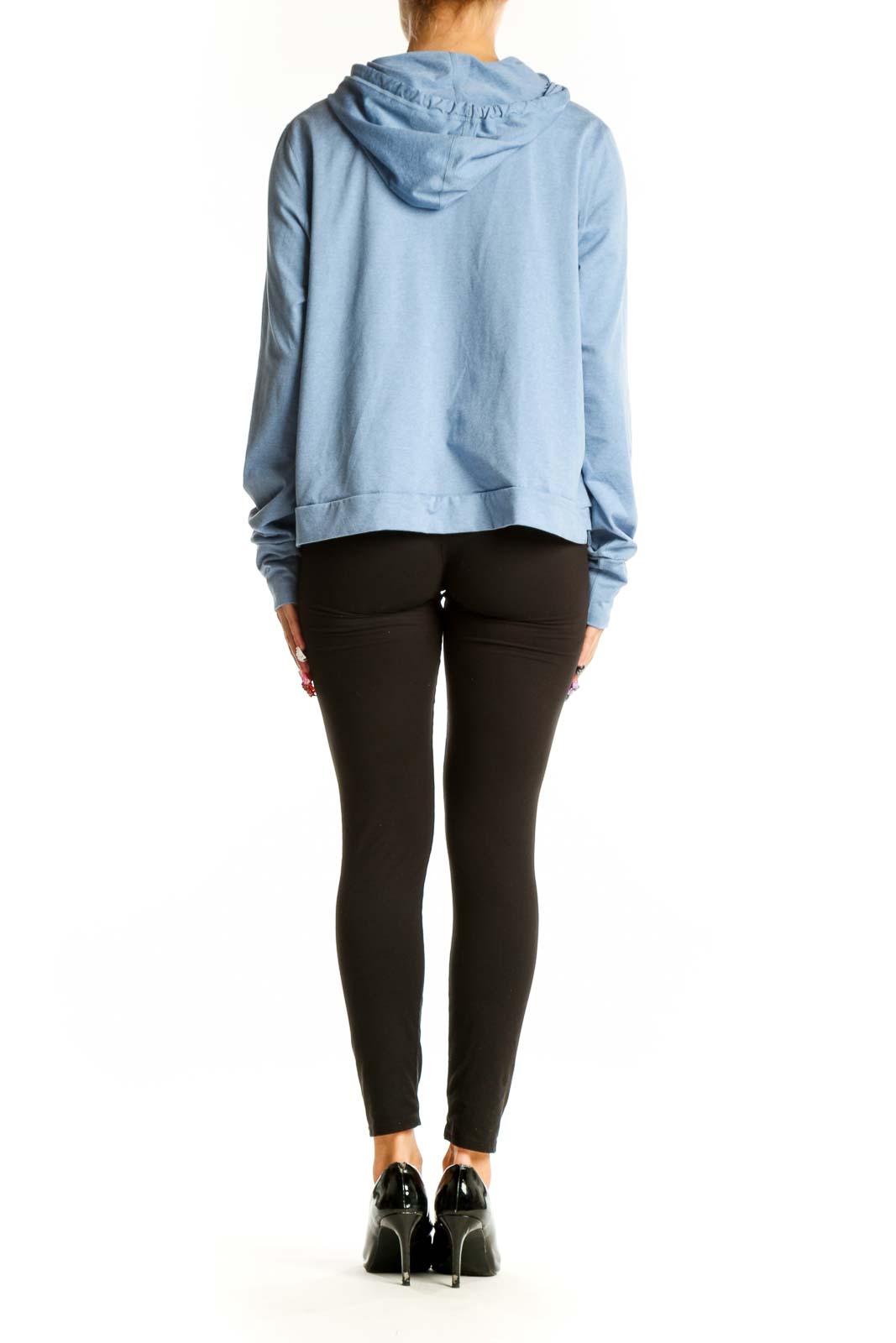 Side view of light blue Vuori recycled polyester hoodie on model