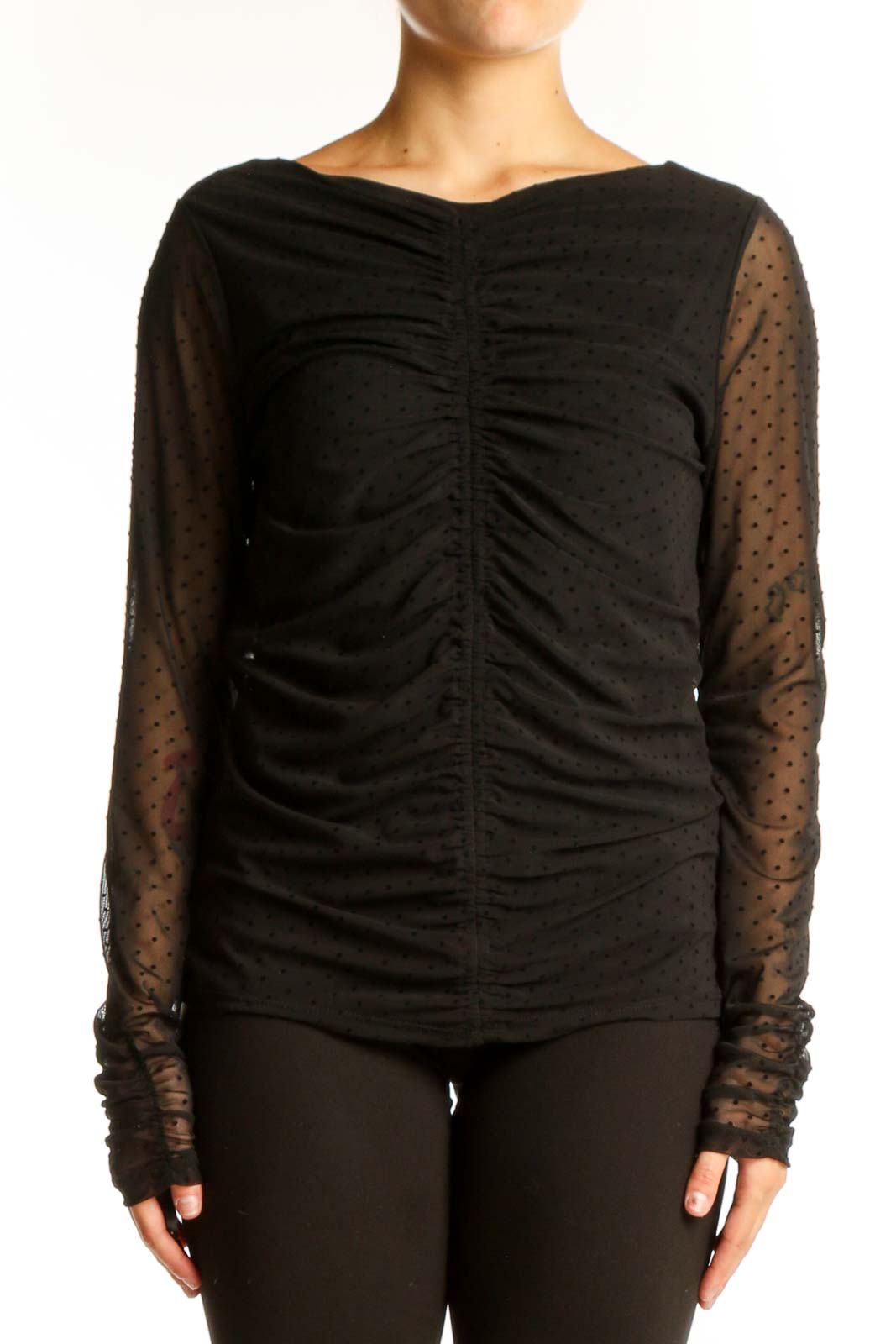 Front view of black ruched top with sheer polka dot sleeves by LAUNDRY by SHELLI SEGAL