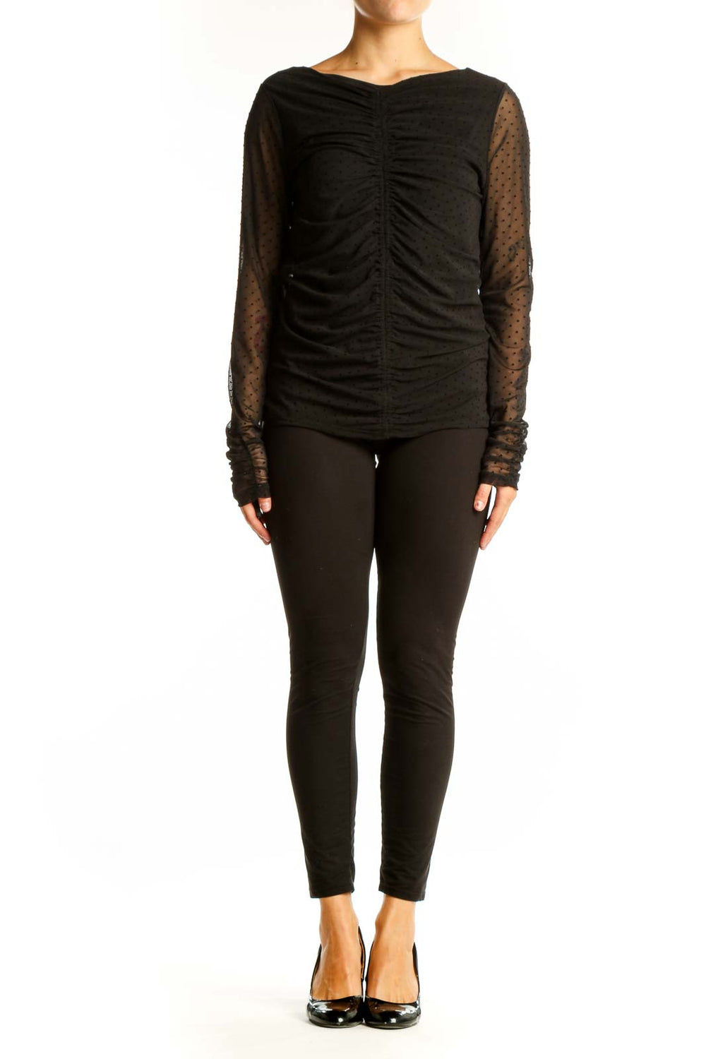 Front view of black ruched top with sheer polka dot sleeves by LAUNDRY by SHELLI SEGAL