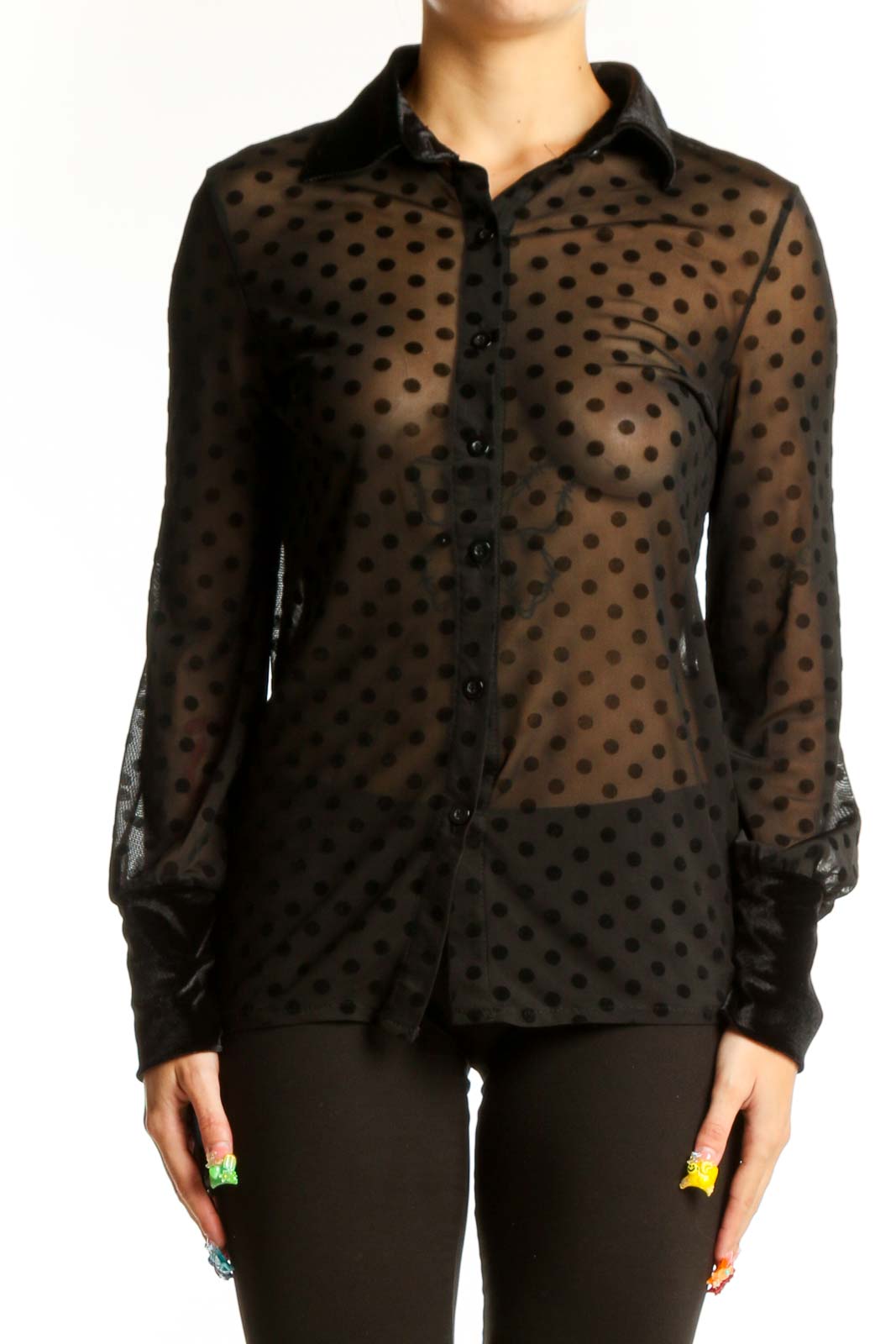 Front view of black sheer polka dot button-up blouse by SilkRoll