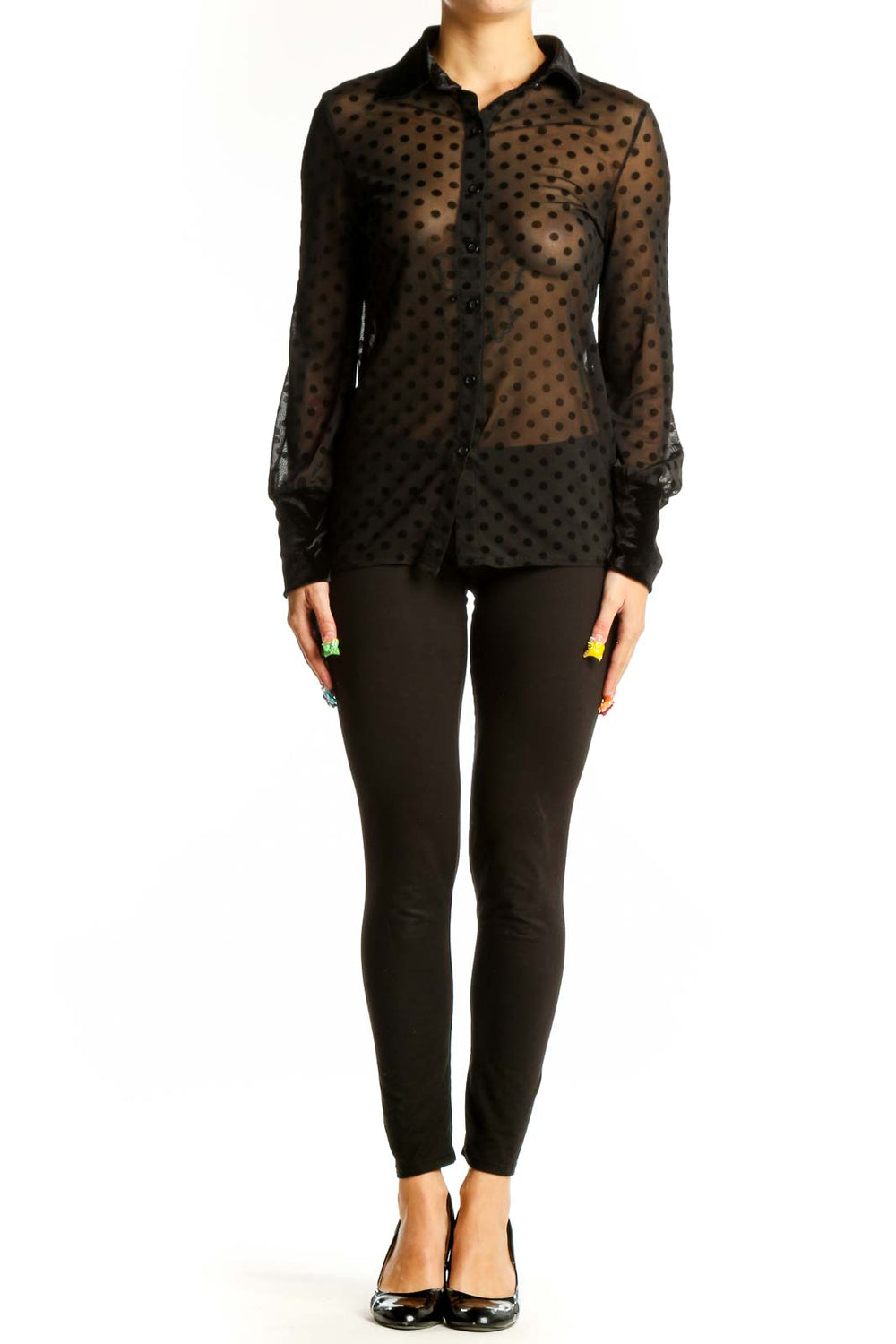 Front view of black sheer polka dot button-up blouse by SilkRoll