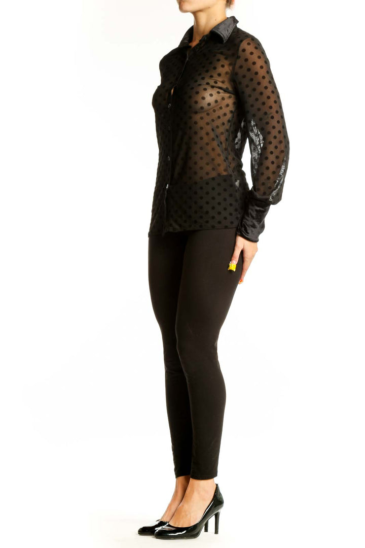Front view of black sheer polka dot button-up blouse by SilkRoll