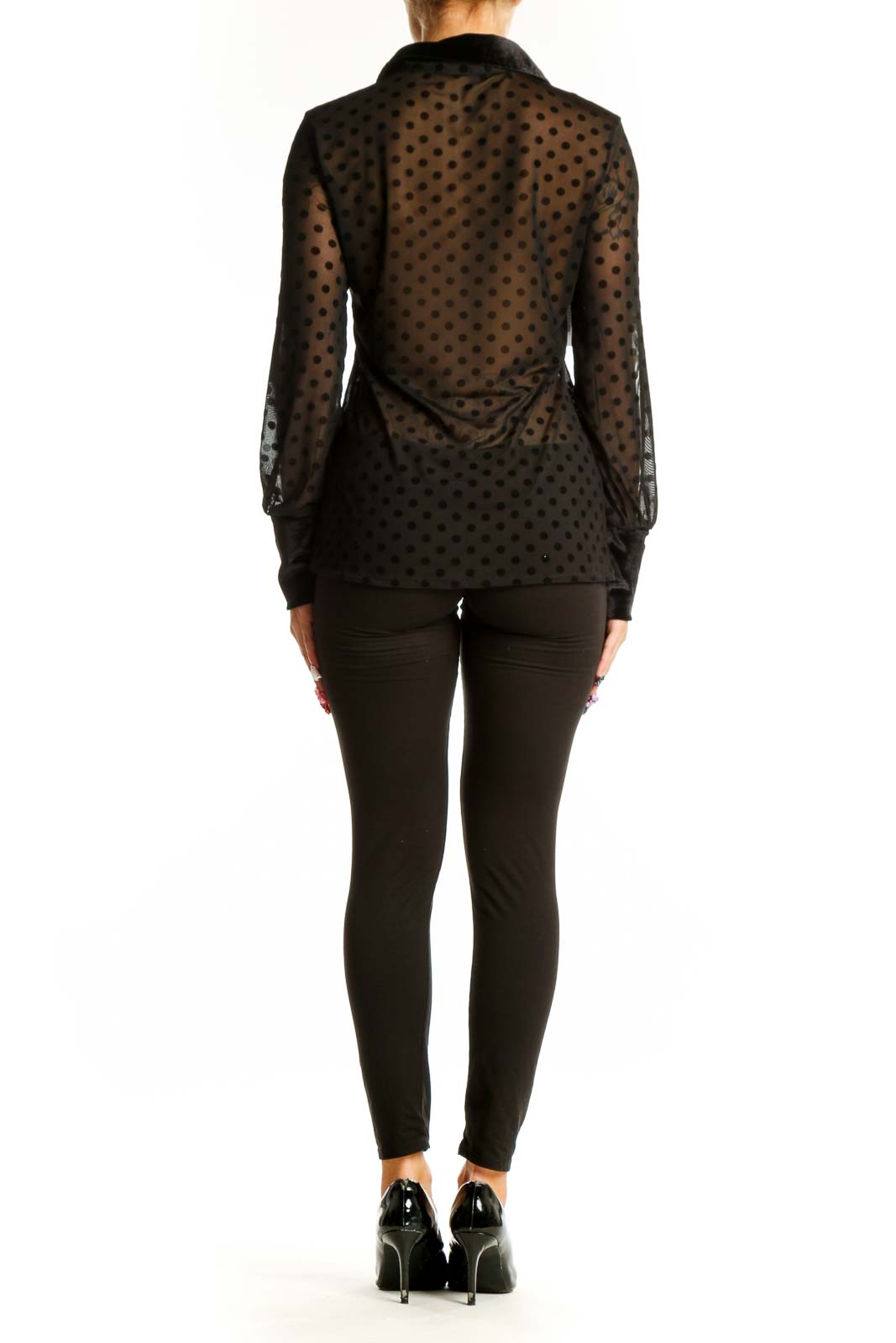 Back view of black sheer polka dot button-up blouse by SilkRoll