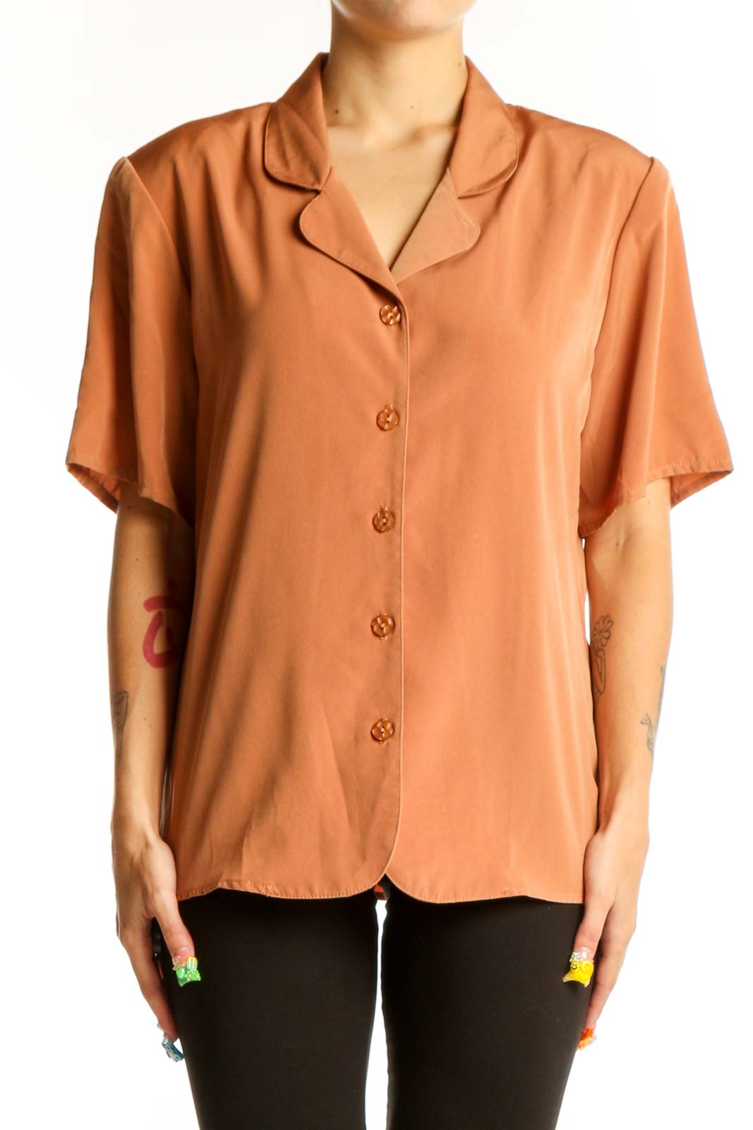 Front view of Maggie Sweet terracotta button-up short sleeve blouse