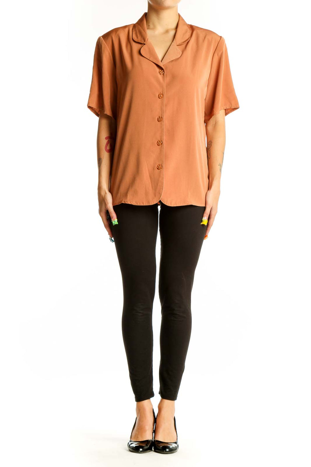 Front view of Maggie Sweet terracotta button-up short sleeve blouse