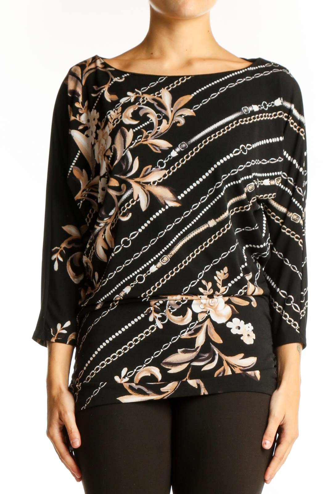 Front view of Black Floral Chain Print Dolman Top from White House Black Market