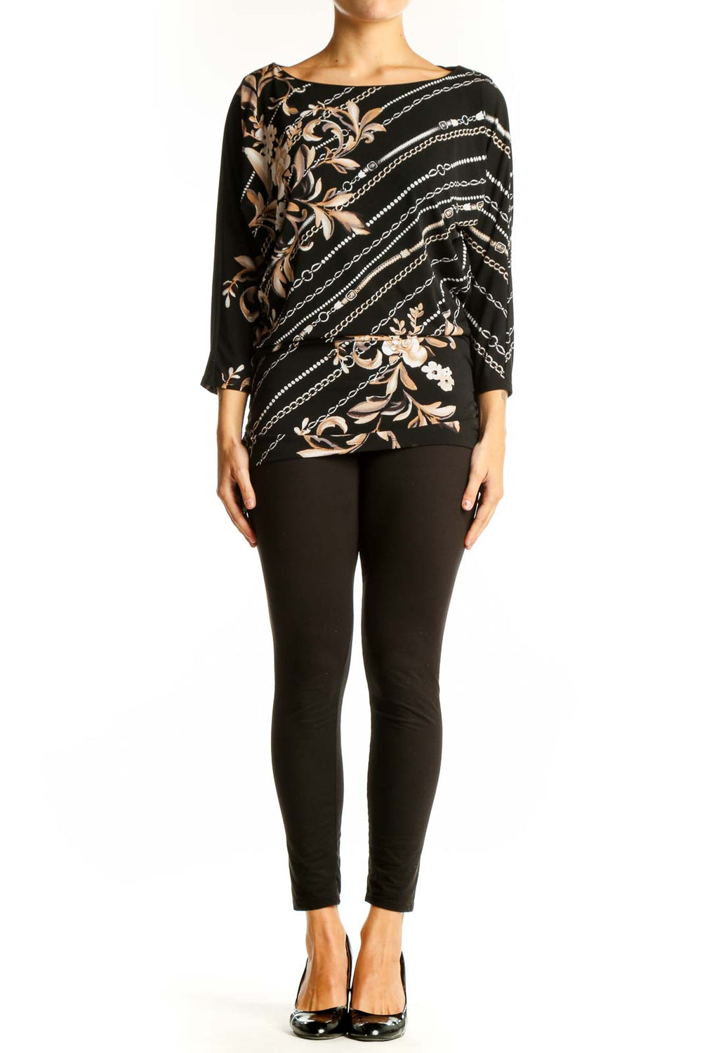 Front view of Black Floral Chain Print Dolman Top from White House Black Market