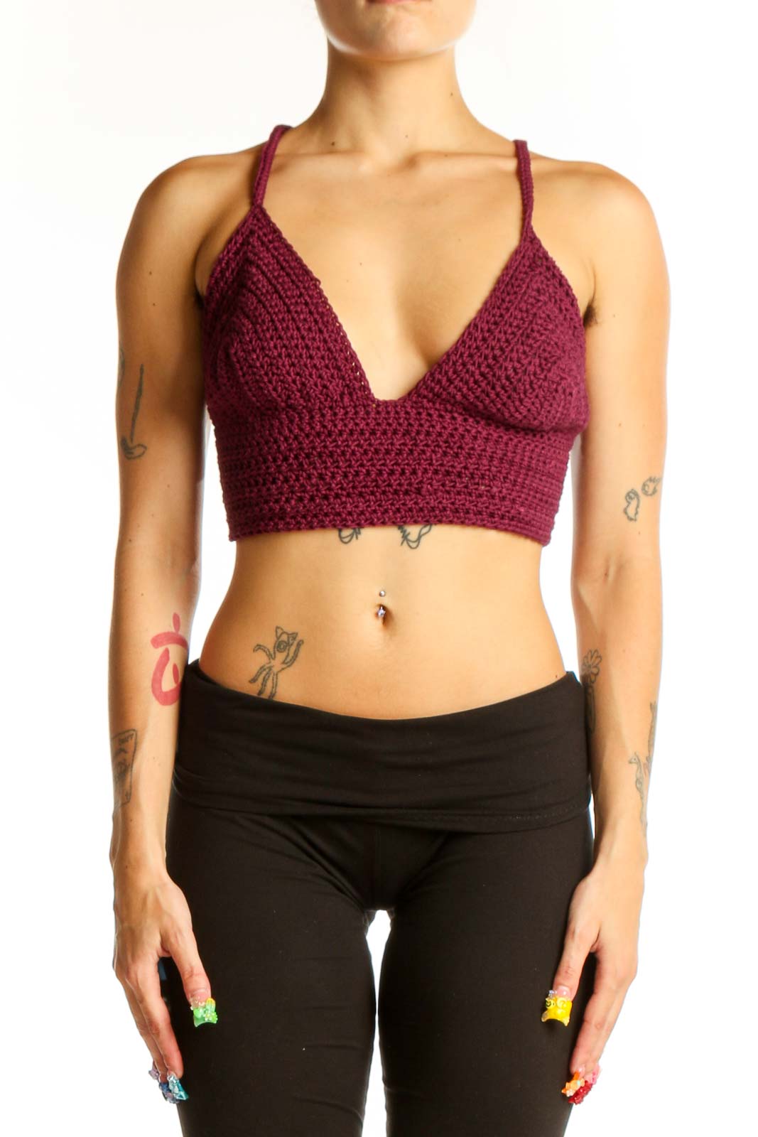 Front view of burgundy crochet crop top with V-neck and thin straps