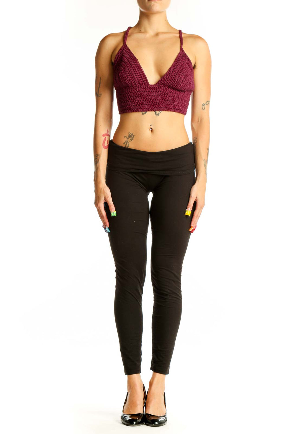 Front view of burgundy crochet crop top with V-neck and thin straps