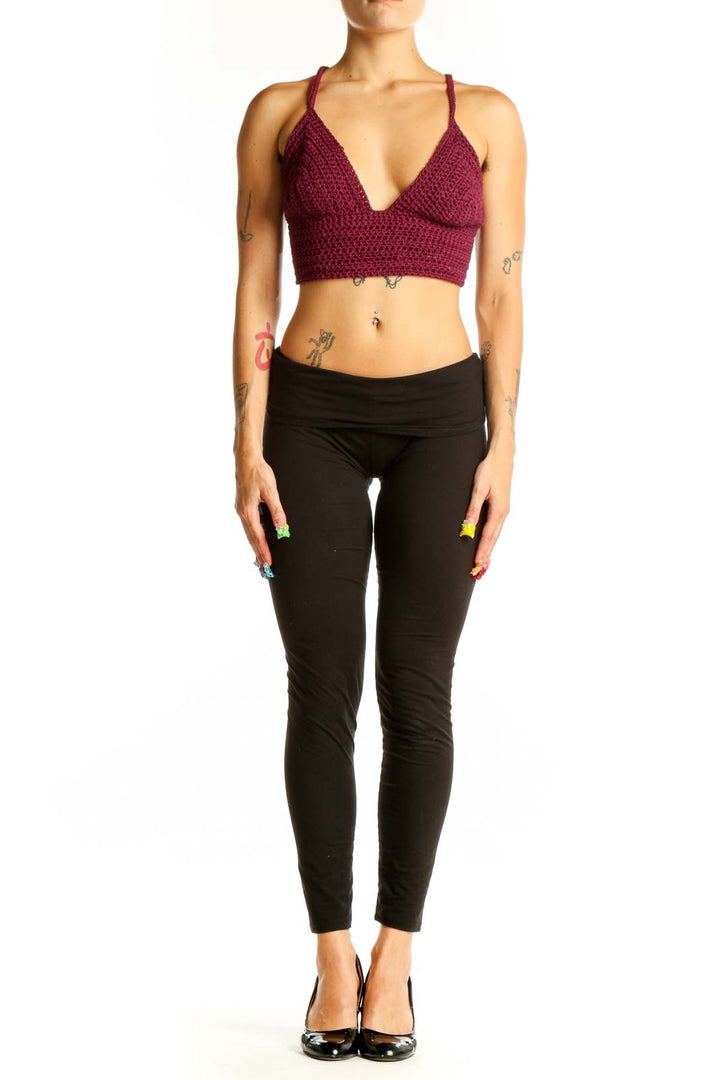 Front view of burgundy crochet crop top with V-neck and thin straps
