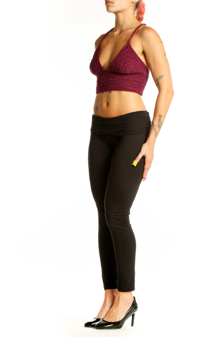 Front view of burgundy crochet crop top with V-neck and thin straps