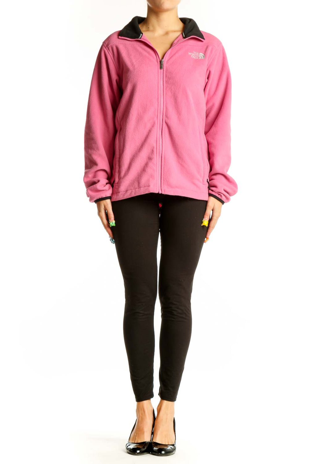 Front view of pink The North Face fleece jacket with black collar and full zipper