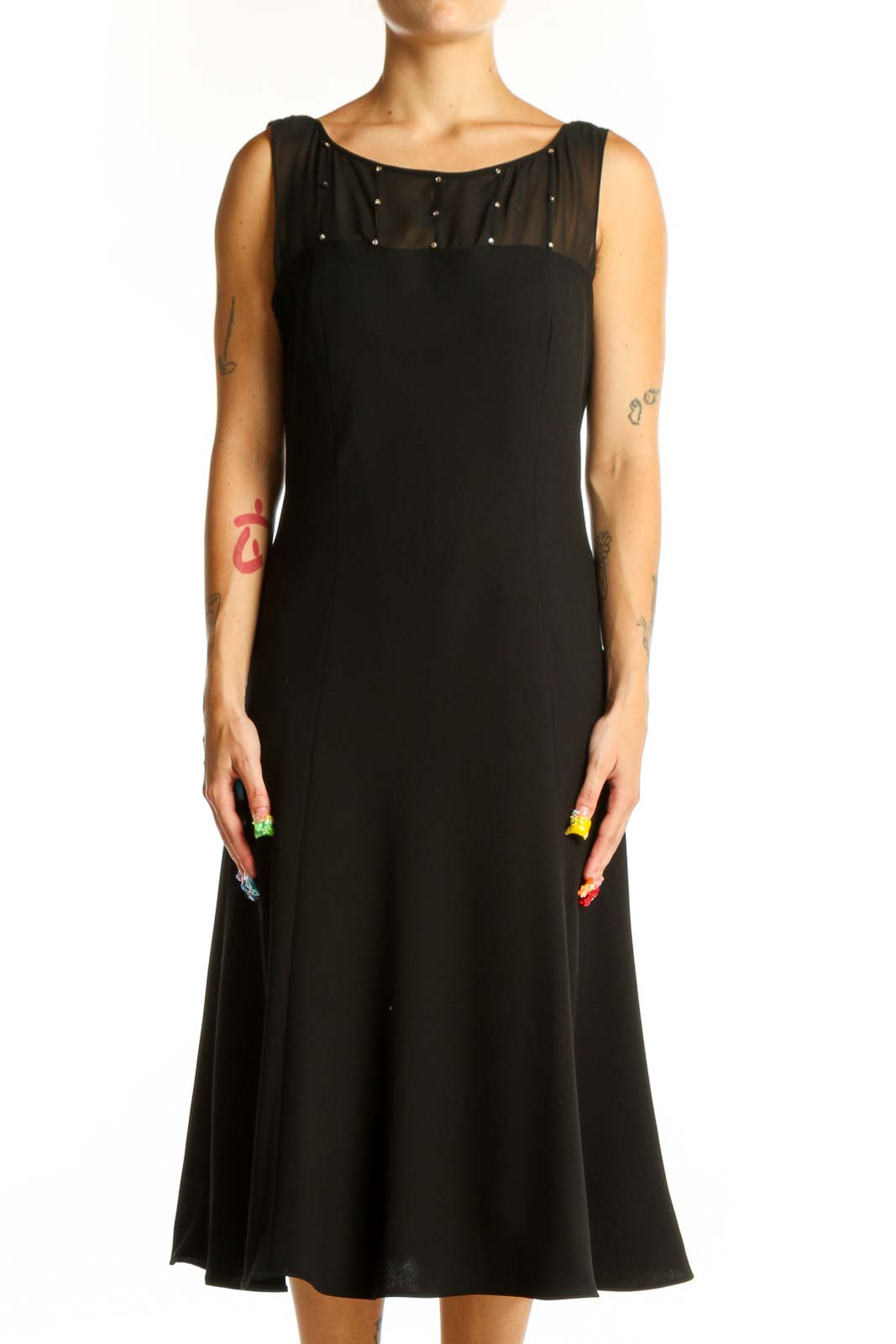 Front view of black Evan Picone midi dress with sheer studded neckline