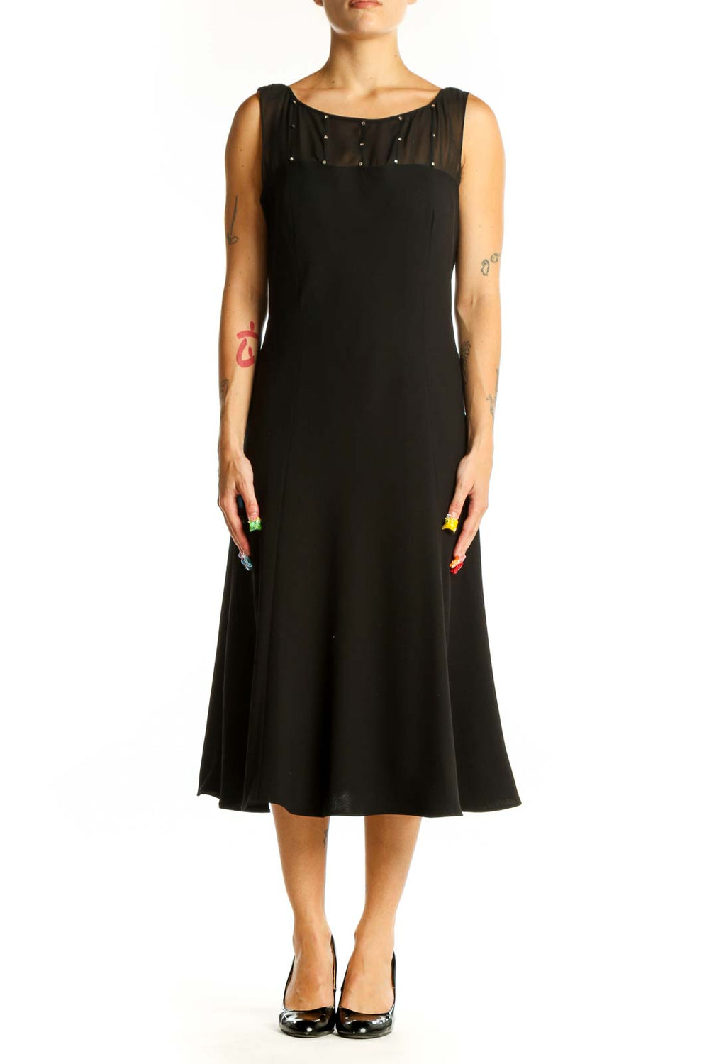 Front view of black Evan Picone midi dress with sheer studded neckline