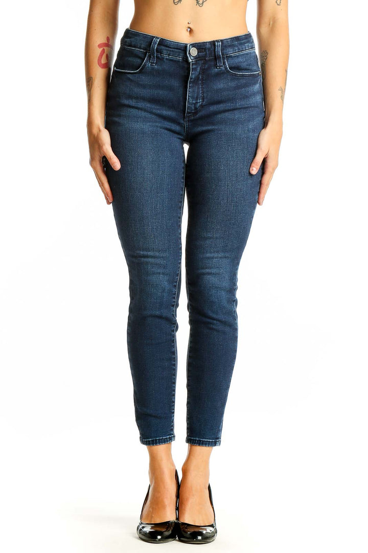Front view of Talbots dark blue skinny jeans on model