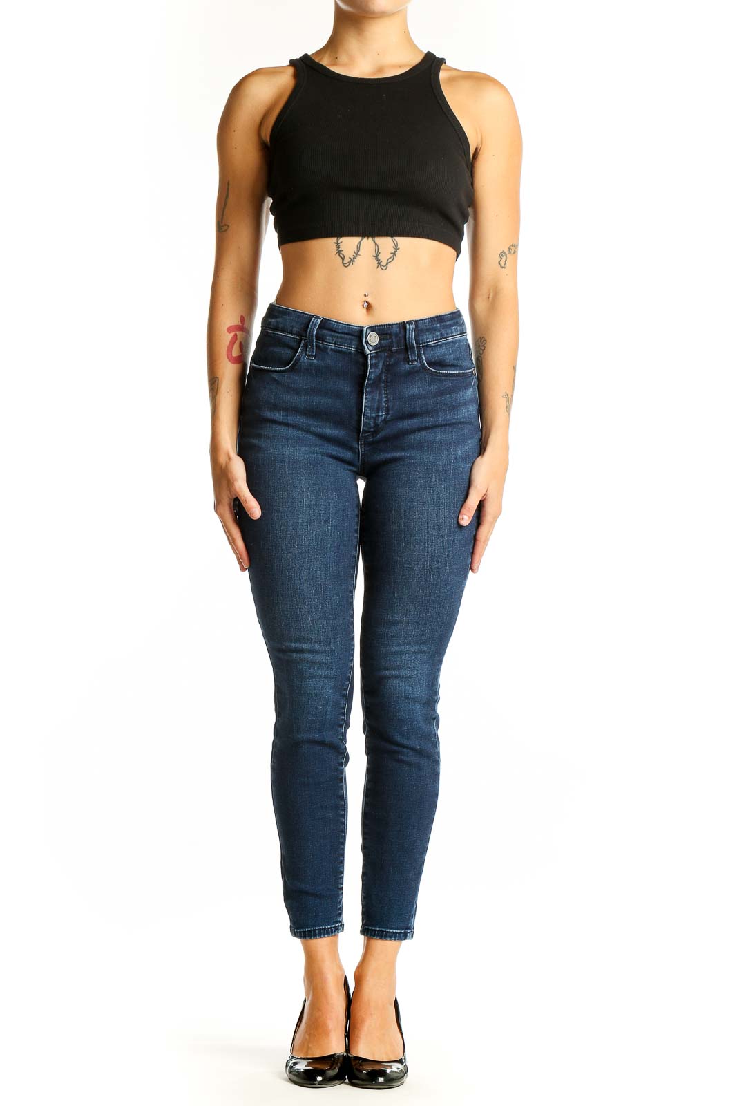Front view of Talbots dark blue skinny jeans on model